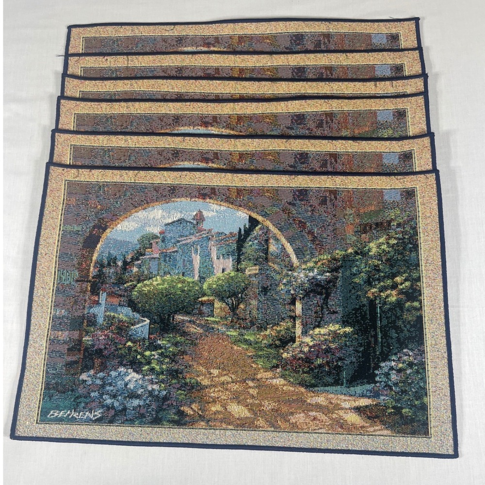 Behrens Placemats Tapestry Scenic Village Garden Multicolor Set of 6